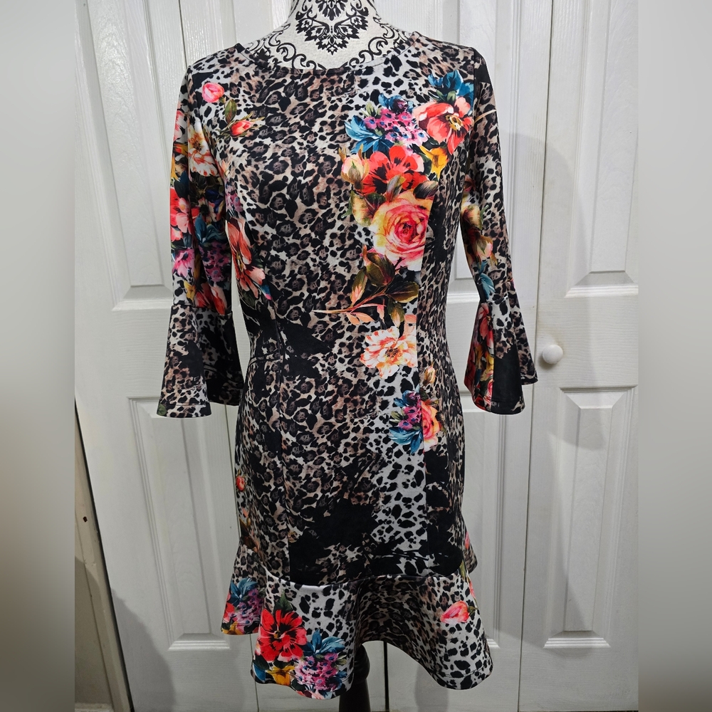 Venus Scuba Knit Floral Animal Print 3/4 Bell Sleeve Stretch Dress